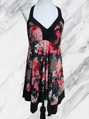 Vintage Suzy Shier Black Floral Halter Mini Dress